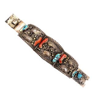 L. Dashner Sterling Silver Turquoise Coral Hinged Panel Bracelet Sawtooth Flower